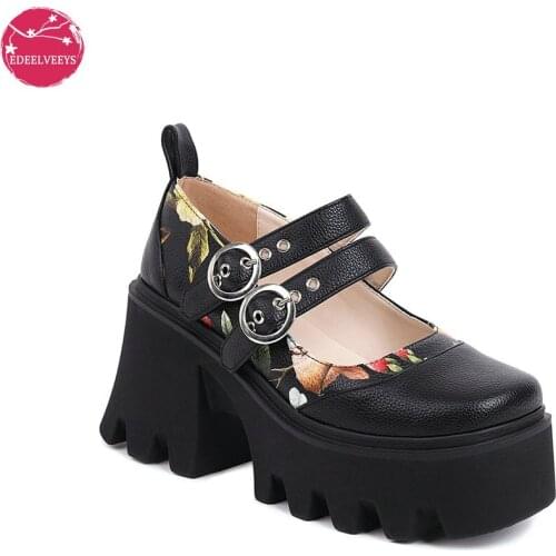 Women Thick Heel Gothic Harajuk Mary Janes Platform Shoes Square Toe Buckle Strap Printed Leather Dress Pumps Comfort Cosplay