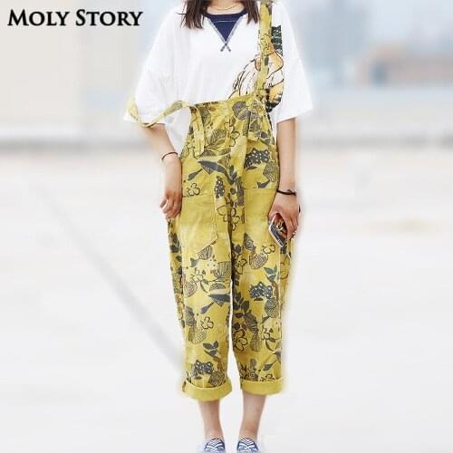 Clearance Plus Size Casual Loose Floral Print Cotton Overalls Women Romper Boyfriend Wide Leg Jumpsuit Harem Pants Trousers