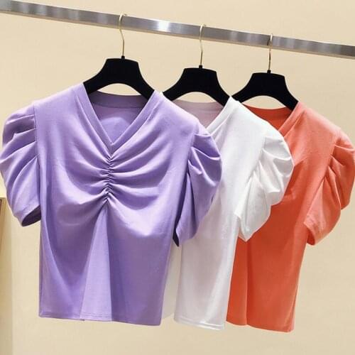 Ladies summer Casual Top Puff Sleeve V-Neck Pleated Short Sleeve T-Shirt