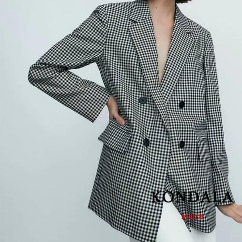 KONDALA Za 2021 Office Lady Plaid Oversized Long Women Blazer V Neck Double Breasted Fashion Autumn Women Jackets Casaul Outwear