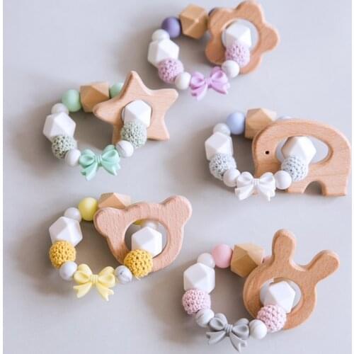 2PCS Nursing Bracelet Baby Pacifier Chain Silicone Bow Pacifier Clips Cartoon Animal Wooden Teether Personalized Crochet Beads
