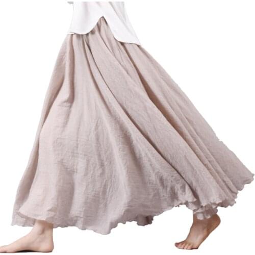2021 Women Cotton Linen Long Skirts Retro Casual Elastic Waist Pleated Maxi Skirts Beach Boho Vintage Summer Skirts Faldas Saia