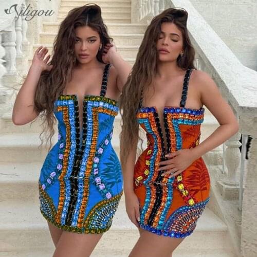 Ailigou 2021 Fall High Quality Orange Slip Handmade Beaded Glittering Rayon Bandage Elegant Club Party Dress Vestidos