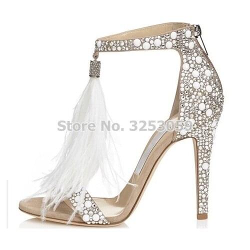 Bling Bling Silver Crystal Embellished Dress Sandals White Feather Fringe Wedding High Heel Shoes Shining Rhinestone Sandal