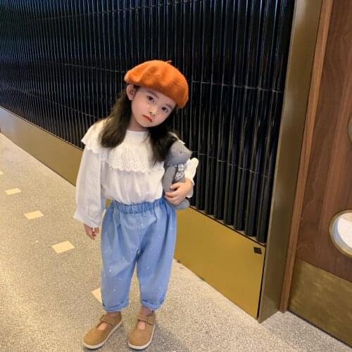 Girls Pants Embroidered Denim Trousers Flowers Spring 2021 New Children Fashion Casual Pants Blue 2 To 6 Years Old