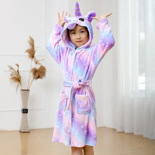 Unicorn Hooded Children Bathrobes Baby Rainbow Bath Robe Animal For Boys Girls Winter Pyjamas Nightgown Kids Sleepwear 3-11Y