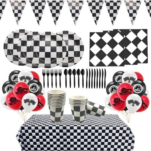 Racing Car Driving Disposable Tableware Black White Tablecloth Banner Paper Plates Cup Napkin Set Boy Birthday Party Decor Ball