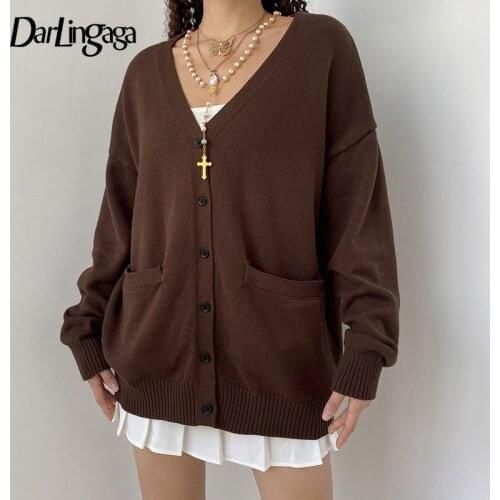 Darlingaga Fashion Brown Y2K V Neck Autumn Winter Cardigan Women Oversized Sweater Single Breasted Jacket Coat Knitted Sweaters