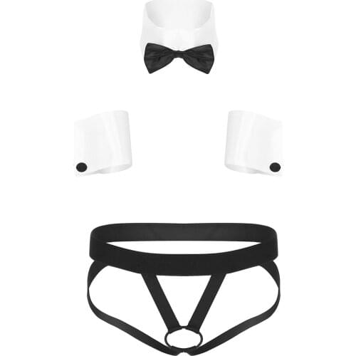 Men Sexy Lingerie Set Role Play Costume Collar Cuffs with Low Rise Hollow Out Open Butt Crotchless Jockstrap Thongs Underwear