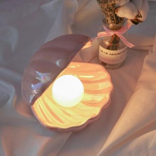 Ins Ceramic Shell with Pearl Night Light Streamer Mermaid Light Fairy Shell Night Lamp for Bedside Home Decor Xmas Gift