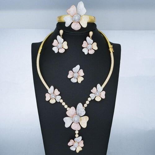 Newness Fashion Luxury Super Boom Flowers African Choker Jewelry Sets Women Wedding Cubic Zircon Dubai Bridal jewelry Set
