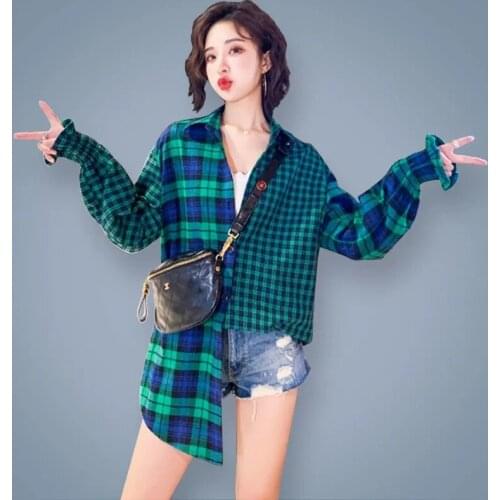 New autumn Fashion Korea Women Long Sleeve Loose Plaid Shirts Turn-down Collar All-match Casual Long Blouse Femme Tops Plus size