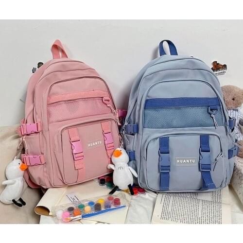 Solid Color Fashion Womens Backpack Kawaii Pendant School Bag For Girls Nylon Large Capacity Student School Backpack