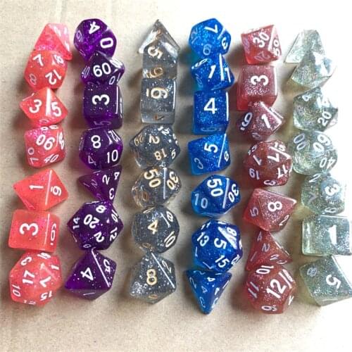 Wholesale 7pcs / batch of colorful flash polyhedron dice set of 7, RPG D4 D6 D8 D10 D12 D20 D% suitable for games