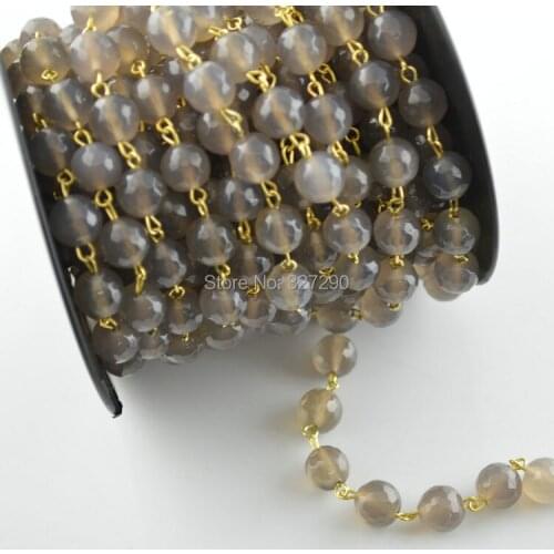 Natural Gray Color 10mm Faceted Stone Round Beads Necklace Chain Handmade Wire Linked Chains Fashion Jewelry