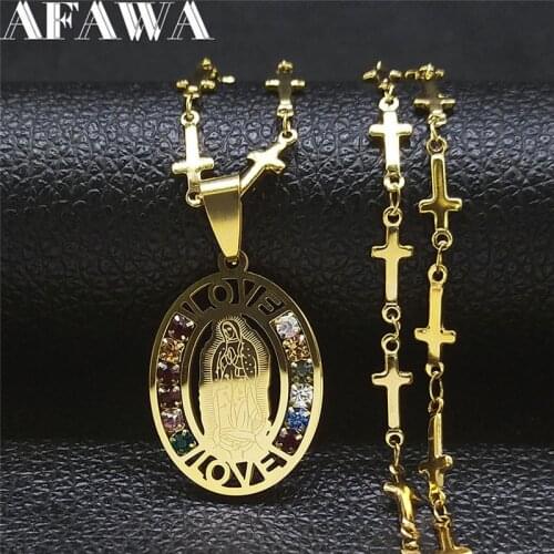 2021 Crystal Stainless Steel The Virgin Mary Charm Necklaces for Women/Men Gold Color Jewelry Collar Acero N4096S02