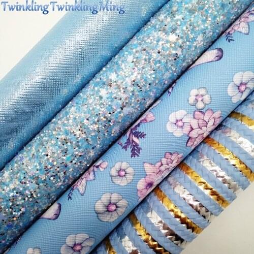 BLUE Glitter Fabric, Stripes Synthetic Leather, Unicorn Flowers Faux Fabric Sheets For Bow A4 21x29CM Twinkling Ming XM020D
