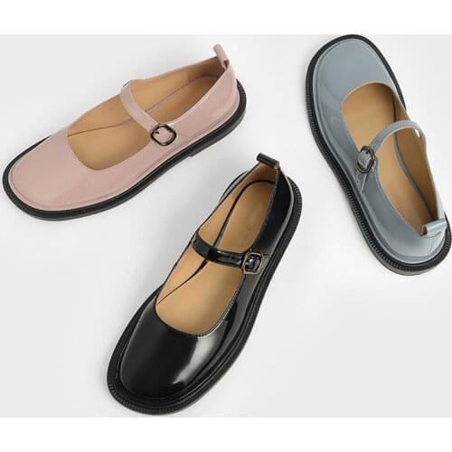 Womens Lolita Shoes Mary Jeans Real Leather Flats Ladies Ankle Buckle Belt Slip-On Shoes Casual Square Toe Loafers Espadrilles