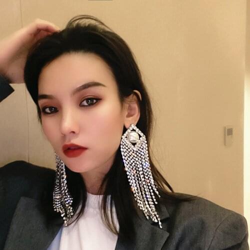 Party Luxury Full Rhinestone Tassel Long Earrings For Women Statement Geometric Drop Earings Fashion Jewelry