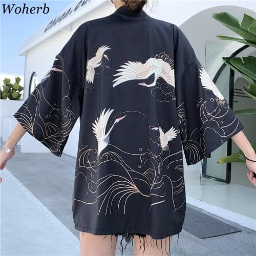 Japanese Kimono Women Harajuku Japanese Shirts Embroided Fox Blouses Loose Casual Tops Blouses Kimono Cosplay Kimono With Belt