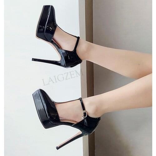 LAIGZEM Women Platform Pumps T Straps Genuine Leather 13CM Shiny Stiletto Heels Sandals Zapatos Party Shoes Woman Size 33 39 40