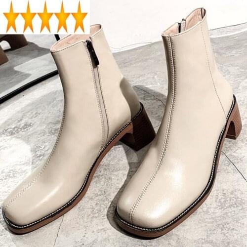 Thick England Leather Style Genuine Heel Shoes Women Winter Zipper Ankle High Quality Street Square Toe High-Top Boots