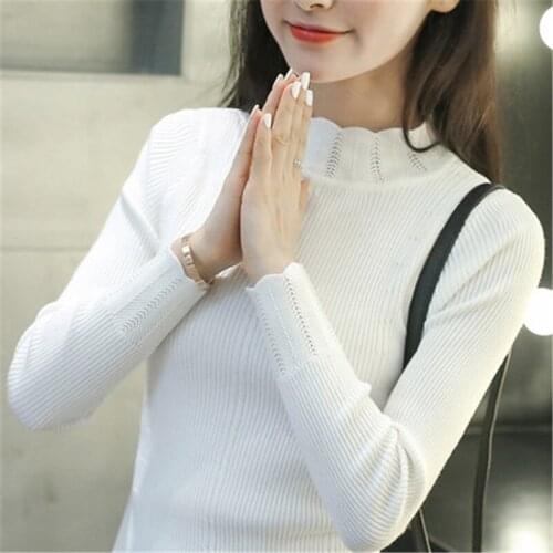 2019 Spring New Korean Lace Pullover Womens Sweater High Collar Tight-fitting Female White Long-Sleeved Tight Sweater W29