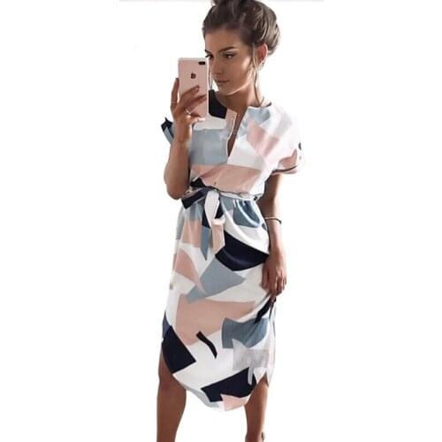 Summer Style Dress 2021 Casual Asymmetrical Geometric Printing Short Sash Knee-Length Dress O-Neck Elegant Women Dresses