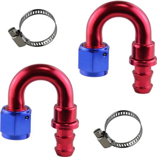 Sizing AN 8 + 180 Degree Push On Oil Fuel Line Hose End Fitting +clamps+Red &Blue