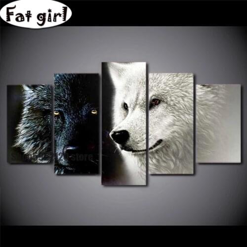 5 Panel Wall Art Animal Black Wolf And White Wolf Diy 5D Diamond Painting Square Round Drill Embroidery Cross Stitch Mosaic
