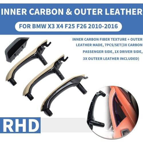 RHD Right Hand Carbon Fiber Beige Car Interior Inner Door Pull Handle Trim Cover W/ Outer Leather Full set For BMW X3 X4 F25 F26