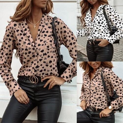 Chemise Femme 2021 Fashion Blouse for Women Clothing Heart Leopard Long Sleeve Office Feminine Blouse Elegant Blusas Shirts
