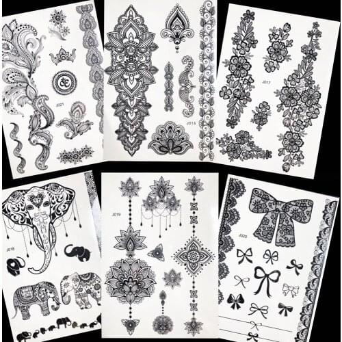 Black Henna Temporary Tattoo Lace Sticker Women Bracelet Self Adhesive Fake Tatto Body Arm Water Transfer Tattoo Cosmetic Makeup