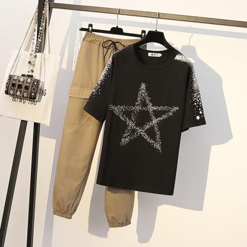 Summer Set 4XL T shirt Women Casual Pants Two Piece Outfits Plus size Short sleeve Tops Cotton Black Tee shirt Femme Pants Suit