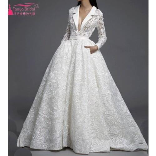 Deep V Neck Long Sleeves Lace Wedding Dresses With Pocket Kaftan Abaya Modest Wedding Bridal Gown DQG1187