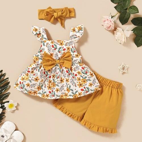 Summer Newborn Baby Girl Clothes Fashion Girls Sets Bow Floral Flying Sleeve Tops and Casual Shorts Outfits Infant Kids Clothing