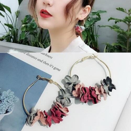 New fashionable elegant fabric flower pendant earrings petals combination personality charm big circle female Earrings Jewelry