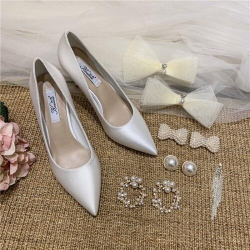 Autumn new stiletto-heeled silk surface pointed bridal wedding shoes banquet dress all-match fashionable womens single shoes