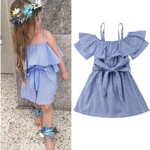Hot Summer Girl Striped Dress Toddler Kids Baby Girls Lovely Birthday Clothes Blue Striped Off-shoulder Party Gown Dresses 3-8Y