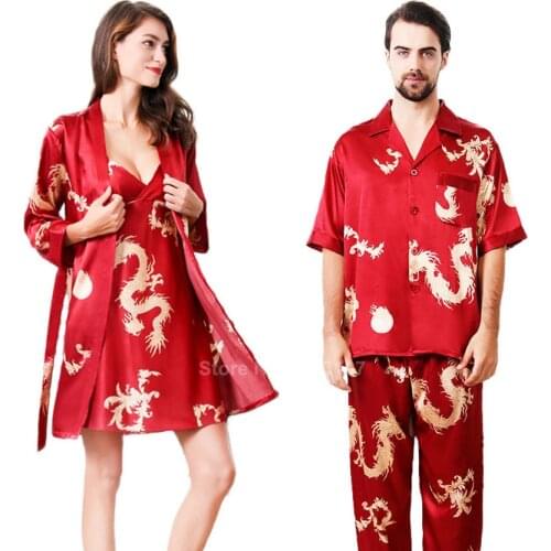 Lover Silk Satin Pajamas Set Women Summer Short Sleeve Comfy Smooth Sleepwear Couples Men Chinese Dragon Lounge Robe Gown Set
