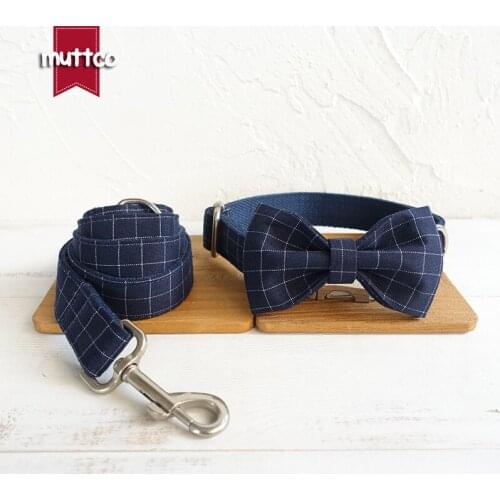 MUTTCO blue plaid dog collar with bow tie THE DEEP BLUE PLAID 5 sizes comfortable dog collars and leashes set 5 sizes UDC021