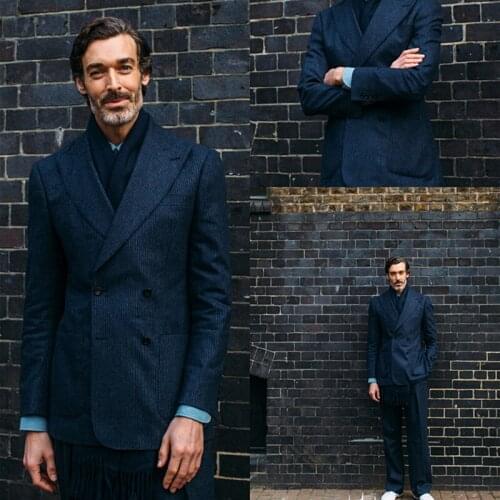 Navy Corduroy Warm Thick Mens Coat Suits Custom Made Double Breasted Wedding Tailored Party Prom Business Blazer Jacket 2 pcs