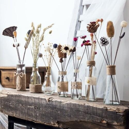 Air Dried Flowers Vase Set Transparent Hemp Lace Vase Glass Bottle Tabletop Living Room Decorations Ins Nordic Simple Country