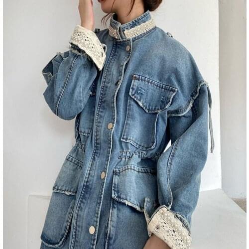 Vintage Beaded Lace Splicing Denim Jacket Women Stand collar Long-sleeve Loose Frayed Big pocket Drawstring waist Jeans Jackets