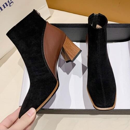 Autumn Hot New Ankle Boots Shoes for Women 2021 Square Toe Fashion High Heels Shoes Woman Winter Suede Leather Warm Women Boots