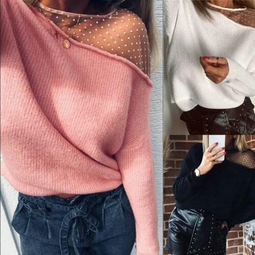 2020 New Sexy Women Solid Color T-Shirts Patchwork Design Lace Decor See Through O-Neck Long Sleeve Spring Autumn Pullovers Tops