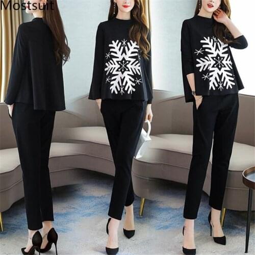2019 Autumn Black Snowflake Print Two Piece Sets Outfits Women Plus Size Tops And Pants Suits Elegant Office Korean Fashion Sets