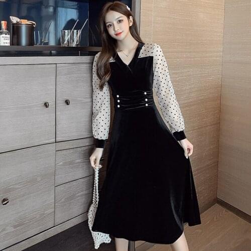 Women 2021 New Year Winter Spring Patchwork Sexy Sheer Mesh French Black Long Elegant Party Velvet Dot Shirt Dress
