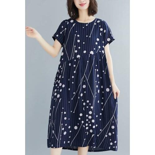 Polka Dot Print Pleated Fashion Women Dress 2021 New Arrival Short Sleeve Loose Summer Dress Cotton Linen Vintage Midi Dress