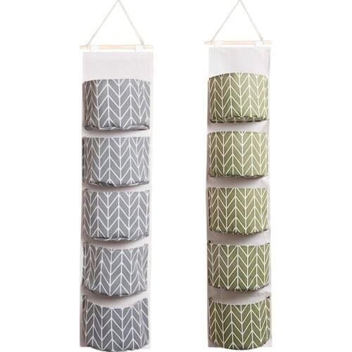 2 Pack Over The Door Storage Bag, Waterproof Wall Closet Hanging Storage Organizer with 5 Pockets, Cotton Linen Fabric